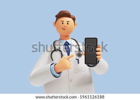 3d render. Doctor cartoon character shows smart phone device with blank screen. Clip art isolated on blue background. Medical application concept