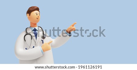 3d render. Doctor cartoon character wearing stethoscope and pointing up. Clip art isolated on blue background. Professional consultation. Medical concept
