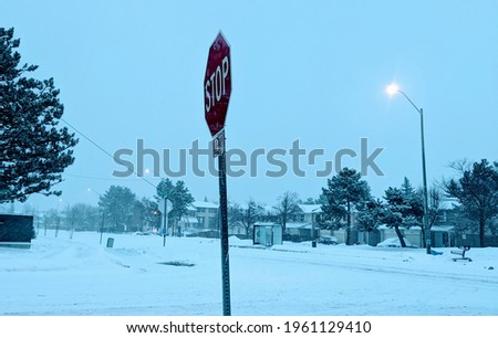 A stop sign at an intersection, surrounded by a blue-ish white blanket or snow.