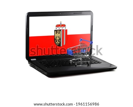 Isolated on white background laptop with Upper Austria flag on display, online shopping sale concept
