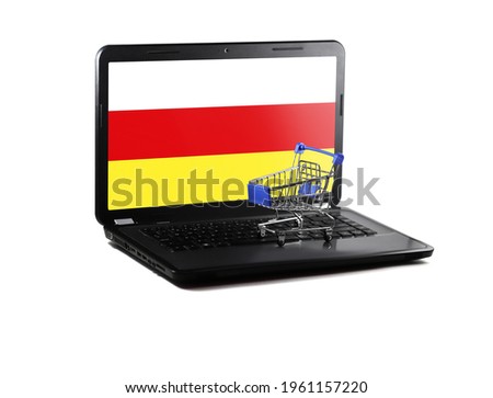 Isolated on white background laptop with North Ossetia flag on display, online shopping sale concept