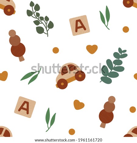 Seamless pattern Eco wooden baby toys with eucalyptus leaves. Neutral colors illustration isolated on white background. For fabric, print, textile, kids decor room, background, wallpaper. Vector