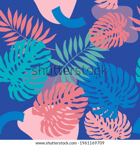 Tropical jungle leaves and various shapes seamless pattern. Abstract Modern exotic jungle plants illustration. Monstera leaves