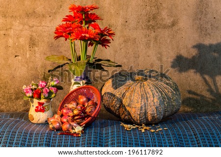 Still Life - pumpkin, dried chilli, shallots, and garlic, Pumpkin