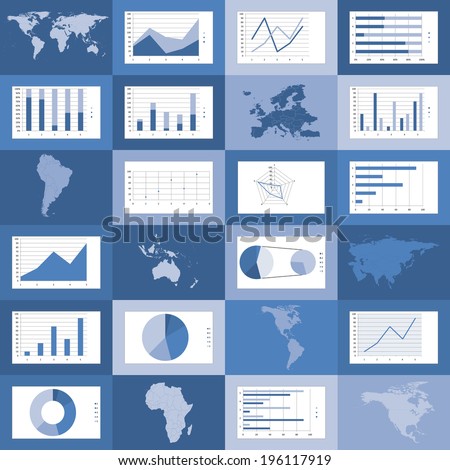 Set of flat design world map, graphics and diagrams vector illustration