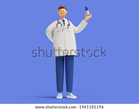 3d render. Doctor or pharmacist cartoon character holding big blue pill. Medicament recommendation. Pharmaceutical clip art isolated on blue background