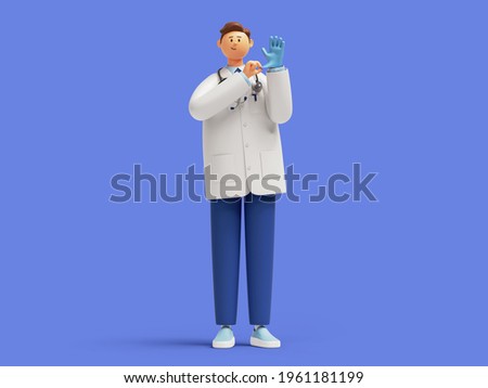 3d render. Doctor therapist cartoon character with stethoscope wears blue latex glove. Clip art isolated on blue background. Professional medical concept