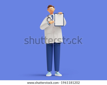 3d render, doctor cartoon character standing, holding clipboard with blank page mockup. Friendly professional therapist. Health check up concept. Medical clip art isolated on blue background