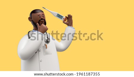 3d render. Doctor african cartoon character thinks and holds thermometer device, medical clip art isolated on yellow background
