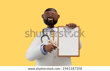 3d render. Happy doctor african cartoon character shows clipboard with blank paper. Clip art isolated on yellow background. Medical insurance professional recommendation