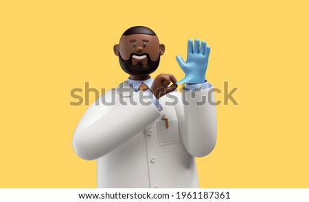 3d render. Happy doctor toy, african cartoon character wears blue latex glove. Clip art isolated on yellow background. Professional protection safety concept