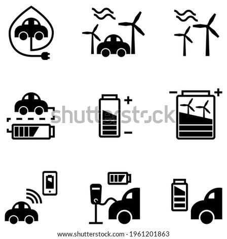 icon set of Electronic vehicle - EV charging station and battery and renewable energy source for future
