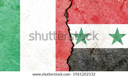 Grunge Italy VS Syria national flags icon pattern isolated on broken cracked wall background, abstract international political relationship friendship divided conflicts concept texture wallpaper