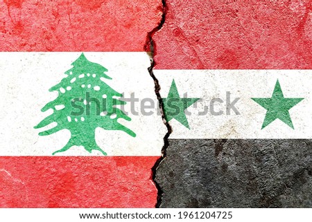 Grunge Lebanon vs Syria national flags icon isolated on cracked wall background, abstract Lebanon Syria Middle East politics relationship friendship divided conflicts concept texture wallpaper