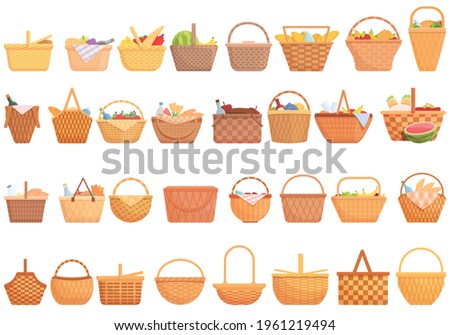 Picnic basket icons set. Cartoon set of picnic basket vector icons for web design Royalty-Free Stock Photo #1961219494