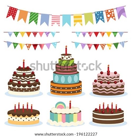 A vector illustration of colorful birthday banners and cakes design
