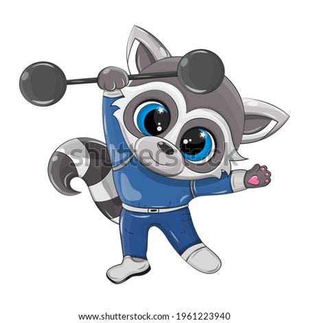 Vector raccoon doing weightlifting on a white background. From this vector image it is easy to make an png file for prints on children's sports themes.