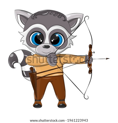 Isolated illustration of a funny raccoon who is engaged in archery. Cute vector raccoon with a beautiful smile and big blue eyes. Print for baby products and packaging.