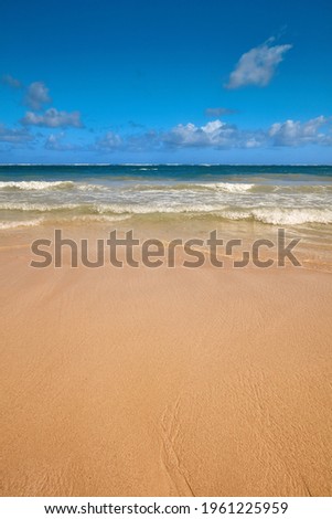 Soft Wave Of Blue Ocean On Sandy Beach. Background. Splash of waves on the sandy beach. foam, surf, waves.