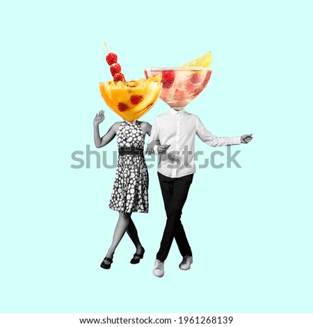 Couple of dancers headed with cocktails insted heads on blue background. Copy space for ad, text. Modern design. Conceptual, contemporary bright artcollage. Summertime, surrealism, fashionable.