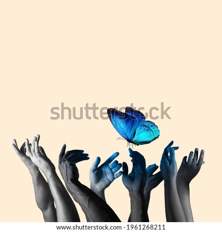 Human hands catching beautiful blue butterfly on pastel yellow background. Copy space for ad, text. Modern design. Conceptual, contemporary bright artcollage. Retro styled, surrealism, fashionable.