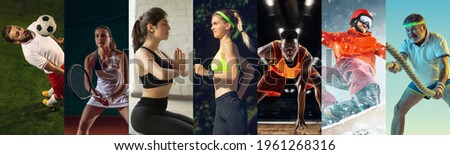 Collage of different professional sportsmen, fit people in action and motion isolated on multicolored backgrounds. Flyer. Concept of sport, achievements, competition, championship.