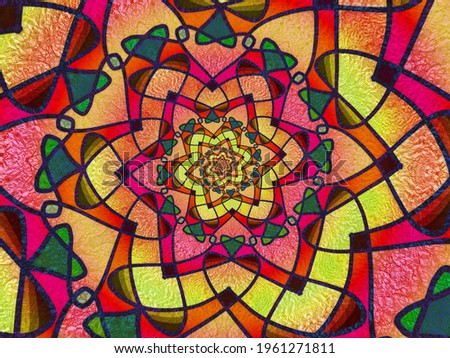 A hand drawing pattern made of yellow gold red green pink and blue on a ripped background 