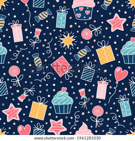 Holiday Vector Doodle seamless pattern. Gifts, Sweets, Hearts and Balloons. Party Symbols, Christmas presents, Birthday Event decoration. Festive background for kid print, textile, wrapping paper