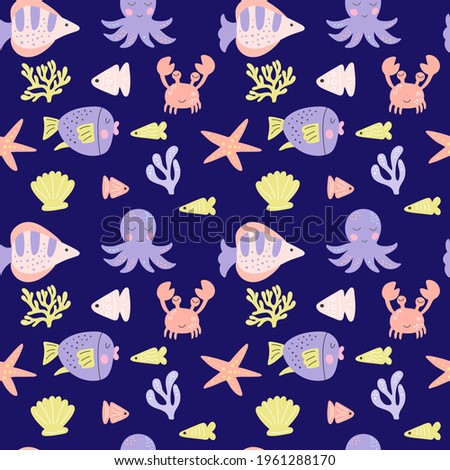 Seamless pattern with cute cartoon marine life - fish and algae. Vector graphics, pastel colors on blue background. For decorating notebooks, packaging, posters, postcards, wallpaper, wrapping paper