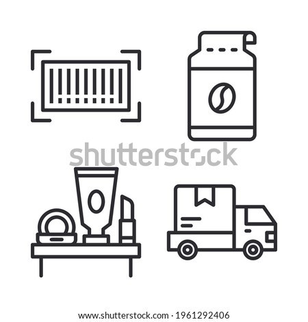 Grocery icons set = barcode, coffee pack, cosmetics, logistics truck. Perfect for website mobile app, app icons, presentation, illustration and any other projects.
