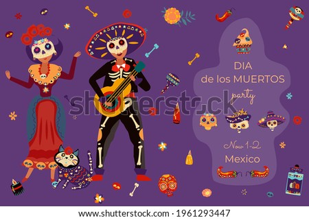 Mexican people together in skeleton suit playing guitar and sing, invitation card banner, celebrate day of dead flat vector illustration.