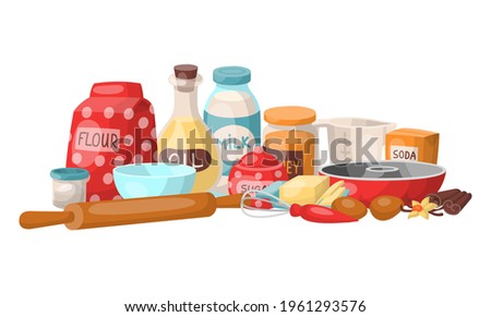 Set cooking stuff device, ingredient for sweetness cake preparation, flour confectionery foodstuff flat vector illustration, isolated on white. Royalty-Free Stock Photo #1961293576