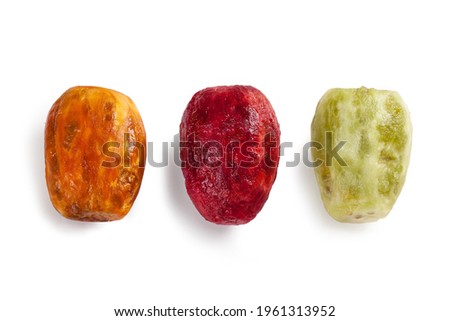 Prickly Pears with Shadow, Peeled, Ordered – Three Figs from Sicilian Opuntia Cactus – Yellow, Red, Orange Indian Fruits – Detailed Close-Up Macro, Top View, from Above – Isolated on White Background Royalty-Free Stock Photo #1961313952