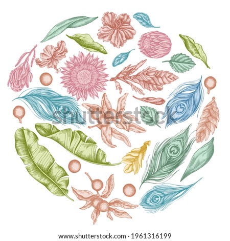 Round floral design with pastel banana palm leaves, hibiscus, solanum, bromeliad, peacock feathers, protea