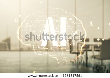 Double exposure of creative human brain microcircuit hologram on a modern boardroom background. Future technology and AI concept