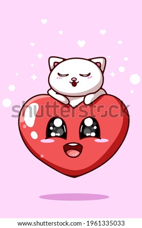 Kawaii heart and kitten, valentine theme cartoon illustration