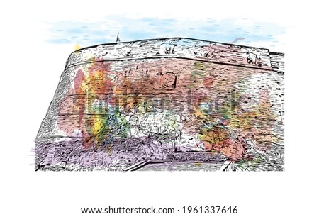 Building view with landmark of Edinburgh is the 
capital of Scotland. Watercolor splash with hand drawn sketch illustration in vector.