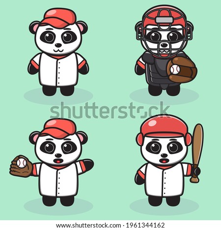 Vector illustrations of a cute cartoon Panda Baseball Player. Cute Panda character with expression, design bundle. Good for icon, logo, label, sticker, clipart.