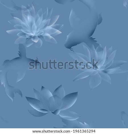 Pattern of koi fish and lotus on trend color faded denim.
