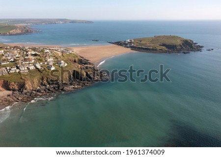 Burgh Island at low tide, Bigbury, South Devon. When the tide is in the island is only accessible by a purpose built tractor. Royalty-Free Stock Photo #1961374009