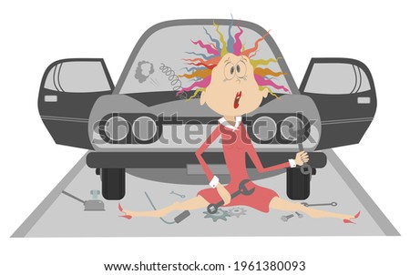 
Sad young woman and broken car illustration. 
Upset woman with wrenches in the hands sits near a broken the car isolated on white
