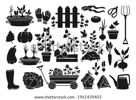 Garden black glyph cartoon set. Vegetables growing soil in pot, rustic fence. Rubber boots pitchfork and gloves, secateurs. Garden cart, birdhouse watering can. Hand drawn Isolated vector illustration