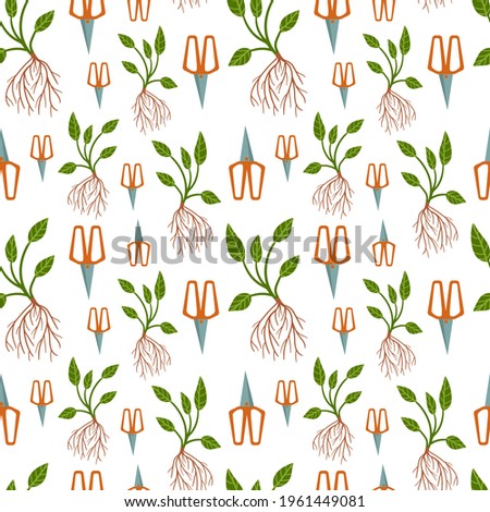Gardening seamless pattern on white background. Secateurs and plant with roots. Vector hand drawn spring pattern. Textile, home decor, wrapping paper.
