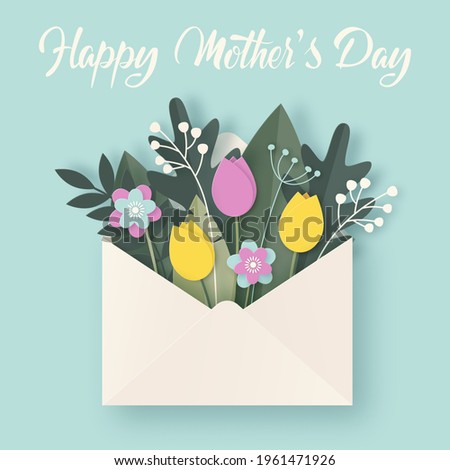 Happy Mothers Day greeting card with envelope, flowers bouquet and leaves on blue background. Hand written quote. Colorful spring 3d Paper art. Design for banner, poster. Vector illustration.