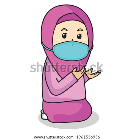 Muslim girl use pink dress and pink hijab traditional muslim. praying in ramadan month, using mask and healthy protocol.Vector character illustration.