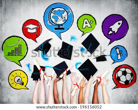 Multi-Ethnic Group of Arms Raised and Graduation Concepts