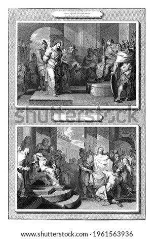 Two performances. Above: Christ before Pilate (Matt. 27). Pilate asks him if he is the king of the Jews. Below: Christ for Herod.