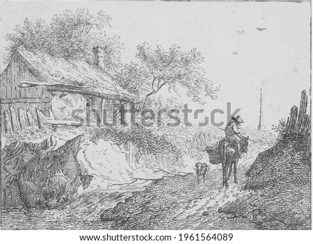 A man is riding a pack mule. A dog is walking next to them. A house to the left of the road.
