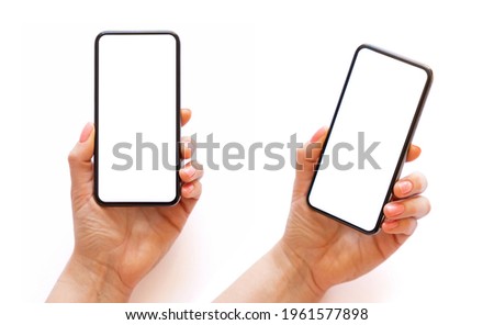 Person holding phone with empty white screen in different angles on white background