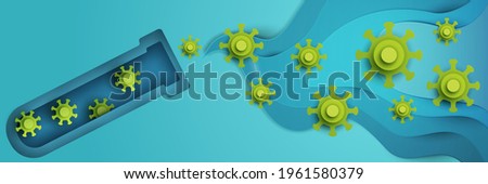 Green bacteria, molecule or virus in blue test tube. Modern paper cut style. Craft origami design background. Minimalistic colorful geometric concept for banner. Vector illustration.
